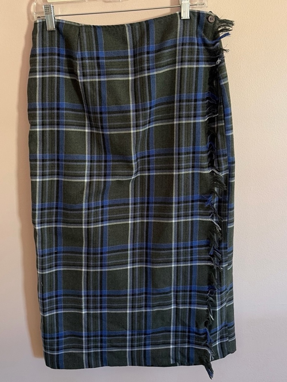 Vintage Gray & Blue Plaid Fringe Midi Skirt